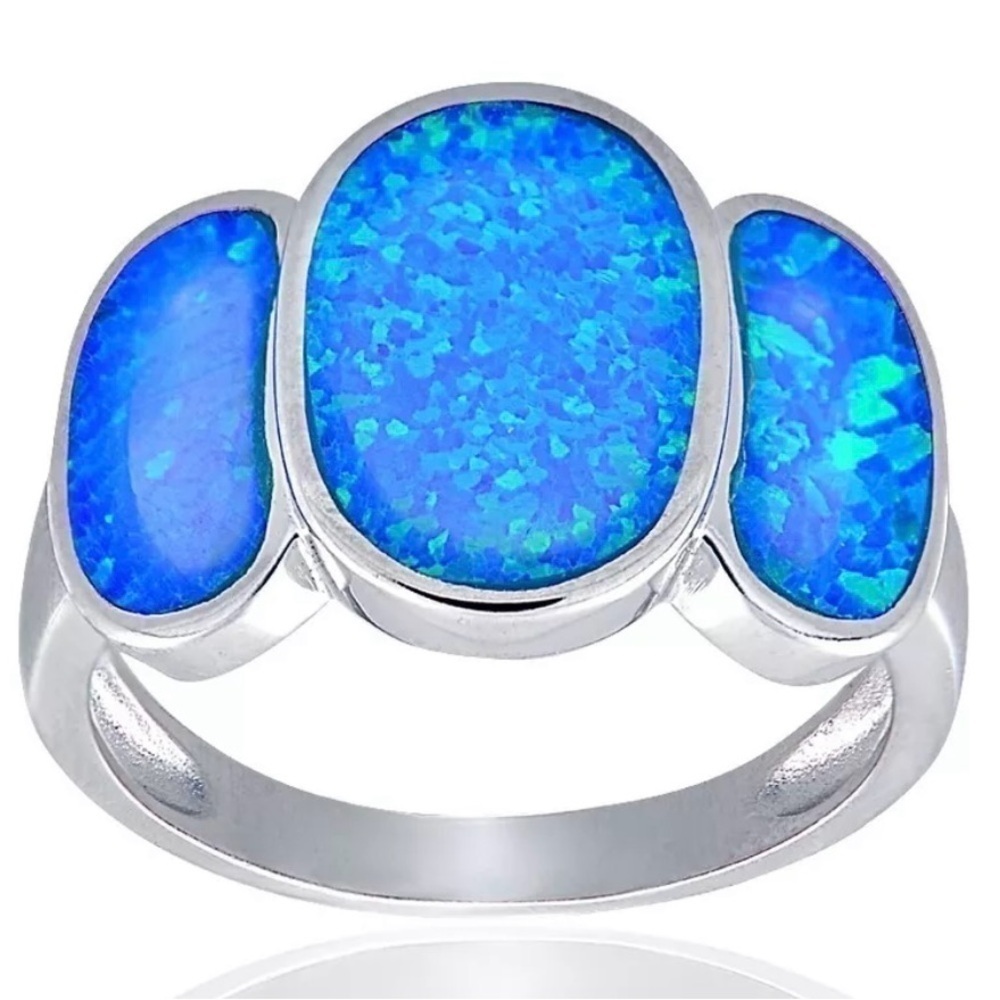 NEW | 4g Created Blue Opal Sterling Silver Ring, Size 6